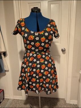 Sourpuss Black Strawberry Jackolantern Print Skater Dress